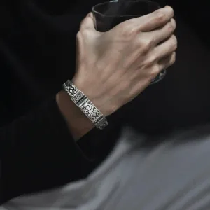 LOVCIA Vintage Thick Ring Buckle Interlock Braided Sterling Silver Bracelet for Men