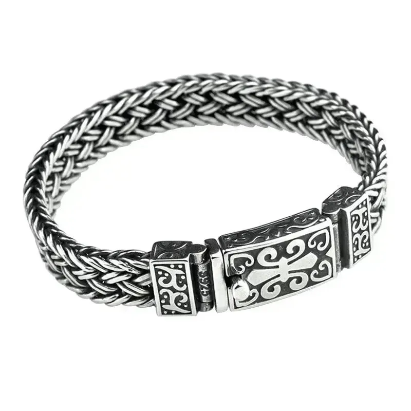 LOVCIA Vintage Thick Ring Buckle Interlock Braided Sterling Silver Bracelet for Men