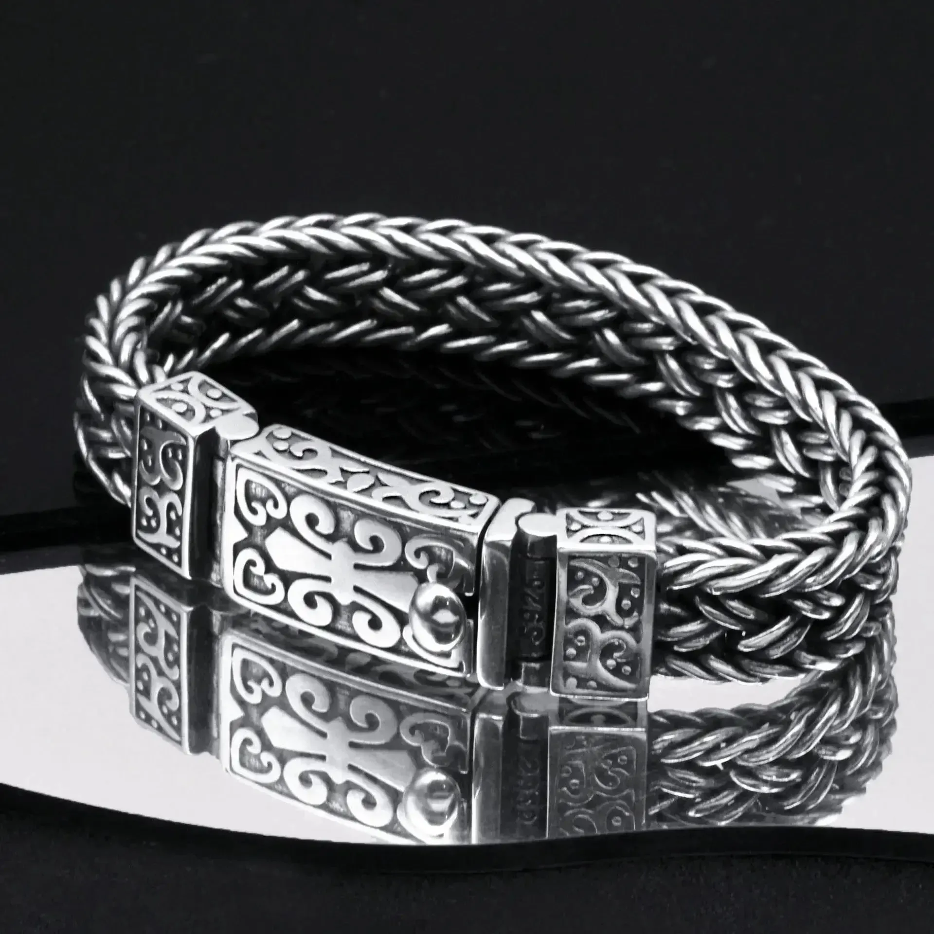 LOVCIA Vintage Thick Ring Buckle Interlock Braided Sterling Silver Bracelet for Men