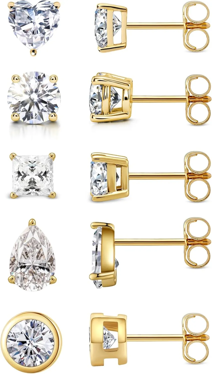 LUCA SMITH 5 Pairs 14K Gold Plated CZ Stud Earrings for Women Men Girls, 925 Sterling Silver Post Simulated Diamond Round Square Pear Shape Water Drop Shape Heart Shape Hypoallergenic Clear Cubic Zirconia Ear Pierced Stud Set