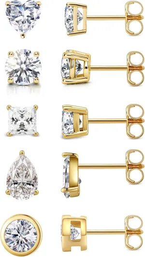 LUCA SMITH 5 Pairs 14K Gold Plated CZ Stud Earrings for Women Men Girls, 925 Sterling Silver Post Simulated Diamond Round Square Pear Shape Water Drop Shape Heart Shape Hypoallergenic Clear Cubic Zirconia Ear Pierced Stud Set