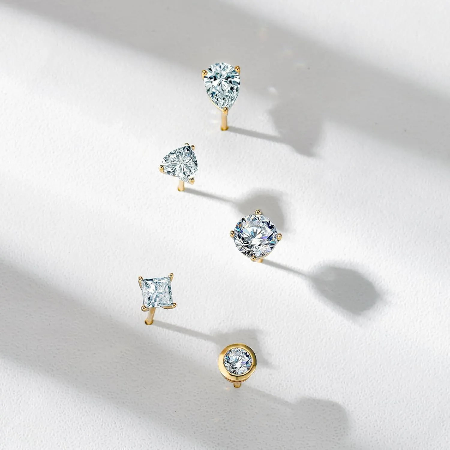LUCA SMITH 5 Pairs 14K Gold Plated CZ Stud Earrings for Women Men Girls, 925 Sterling Silver Post Simulated Diamond Round Square Pear Shape Water Drop Shape Heart Shape Hypoallergenic Clear Cubic Zirconia Ear Pierced Stud Set
