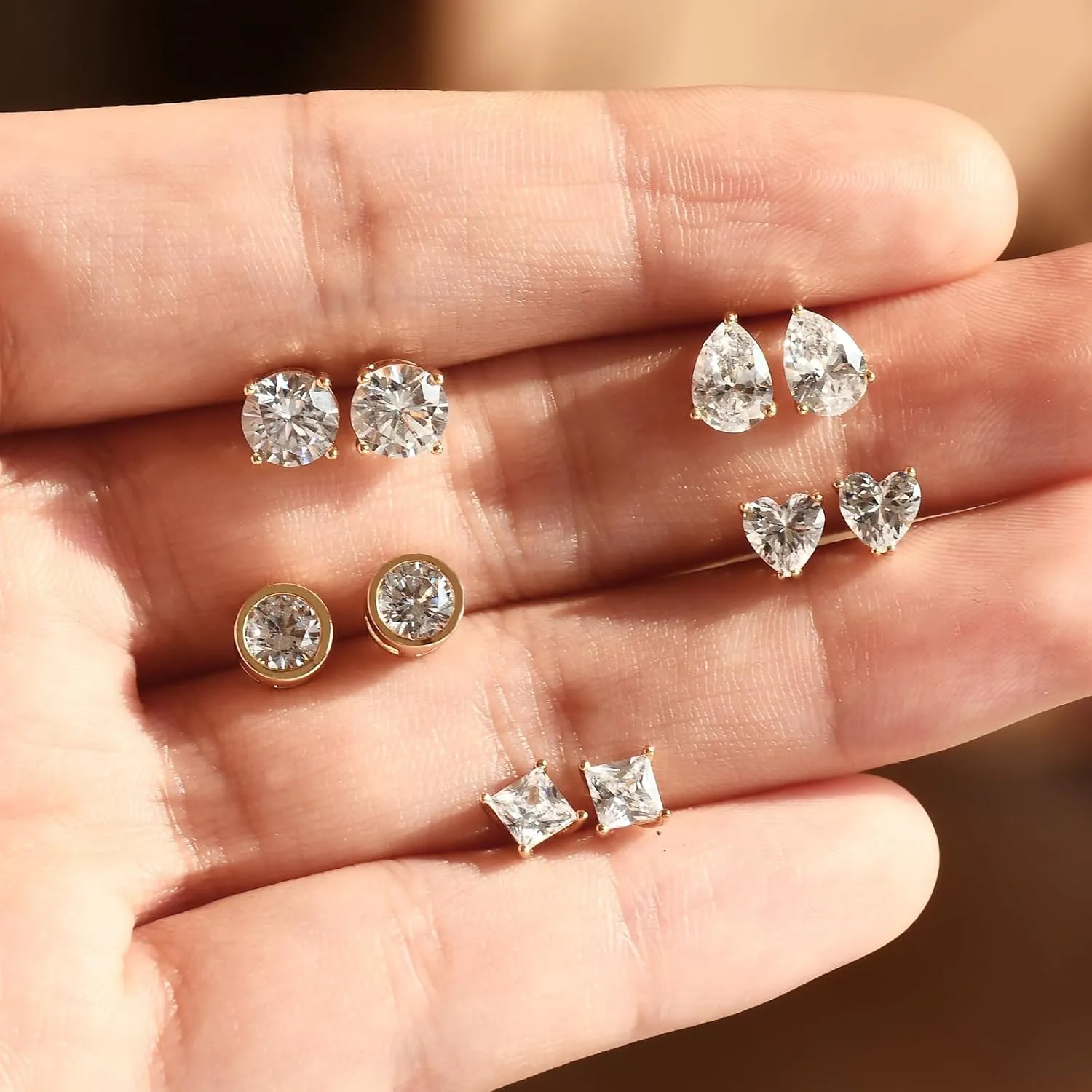 LUCA SMITH 5 Pairs 14K Gold Plated CZ Stud Earrings for Women Men Girls, 925 Sterling Silver Post Simulated Diamond Round Square Pear Shape Water Drop Shape Heart Shape Hypoallergenic Clear Cubic Zirconia Ear Pierced Stud Set
