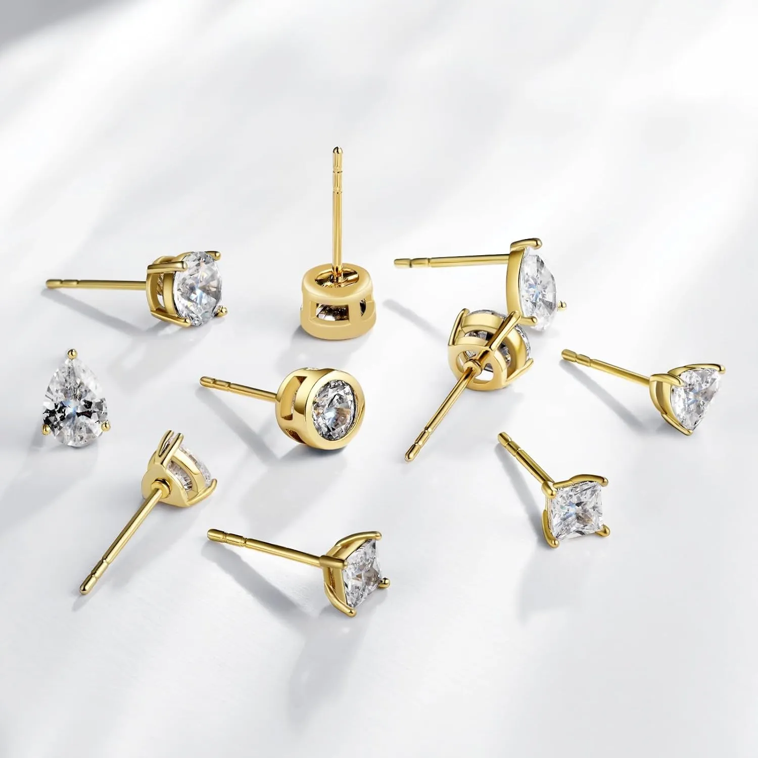LUCA SMITH 5 Pairs 14K Gold Plated CZ Stud Earrings for Women Men Girls, 925 Sterling Silver Post Simulated Diamond Round Square Pear Shape Water Drop Shape Heart Shape Hypoallergenic Clear Cubic Zirconia Ear Pierced Stud Set
