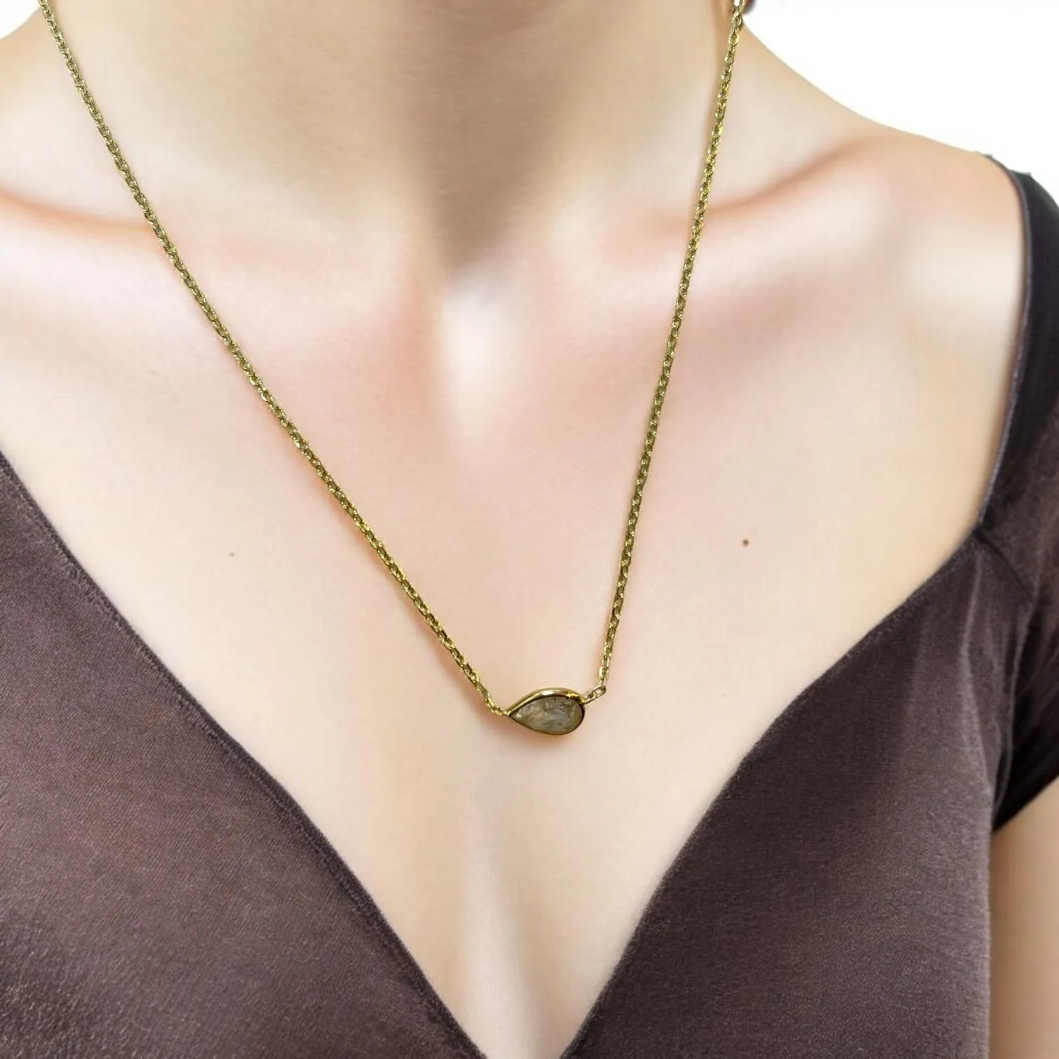 Luxe 14K Yellow Gold 0.76ct Pear Natural Diamond Bezeled Necklace
