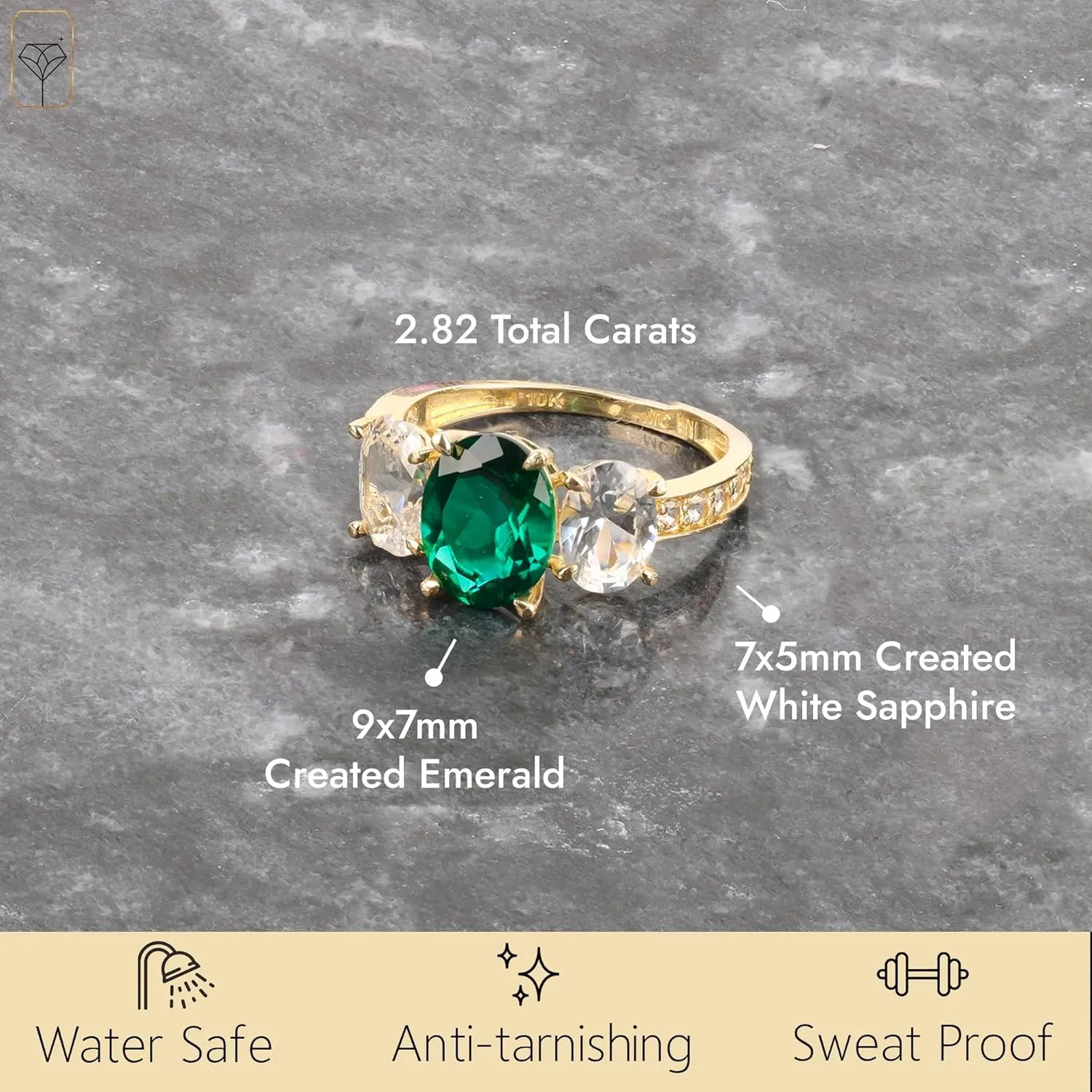 MAX   STONE Solid 10K Gold Gemstone Rings for Women | Three Stone Birthstone Rings | Anti Tarnishing Real 10kt Gold Statement Cocktail Ring in Sizes 6 to 8 with Gift Box
