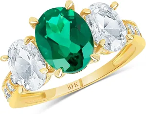 MAX   STONE Solid 10K Gold Gemstone Rings for Women | Three Stone Birthstone Rings | Anti Tarnishing Real 10kt Gold Statement Cocktail Ring in Sizes 6 to 8 with Gift Box