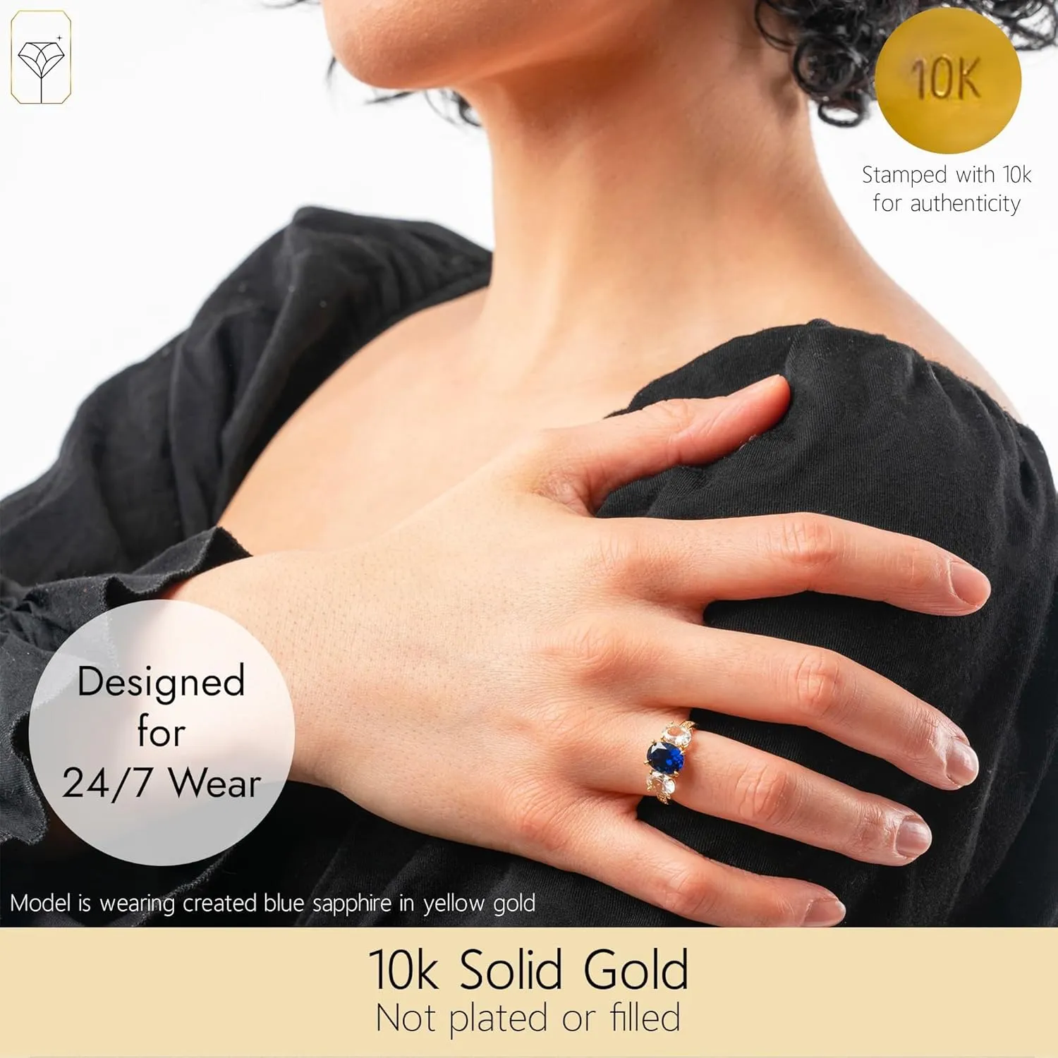 MAX   STONE Solid 10K Gold Gemstone Rings for Women | Three Stone Birthstone Rings | Anti Tarnishing Real 10kt Gold Statement Cocktail Ring in Sizes 6 to 8 with Gift Box