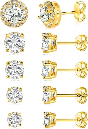 MDFUN 5 Pairs 18K Gold Plated 5A  Cubic Zirconia Earrings Hypoallergenic 4mm/5mm/6mm/7mm/9mm Princess Round Halo Stud Earrings for Women Men