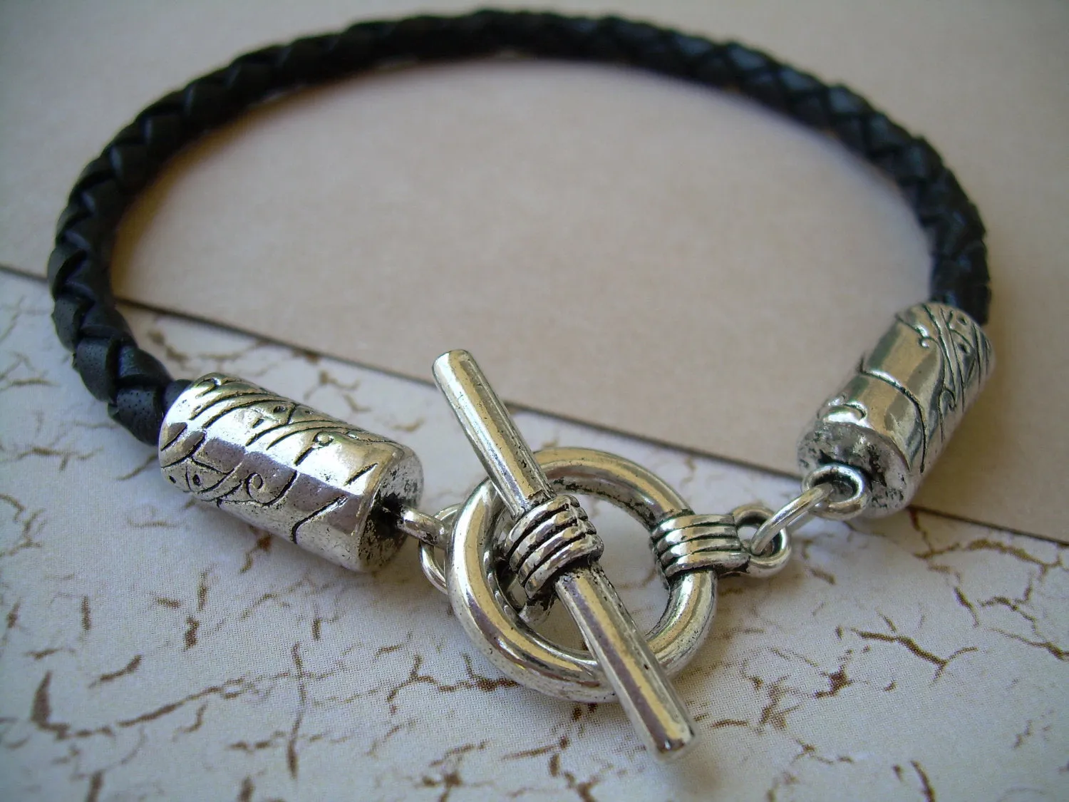 Mens Black Braid Toggle Clasp Leather Bracelet  Urban Survival Gear USA TSB08T