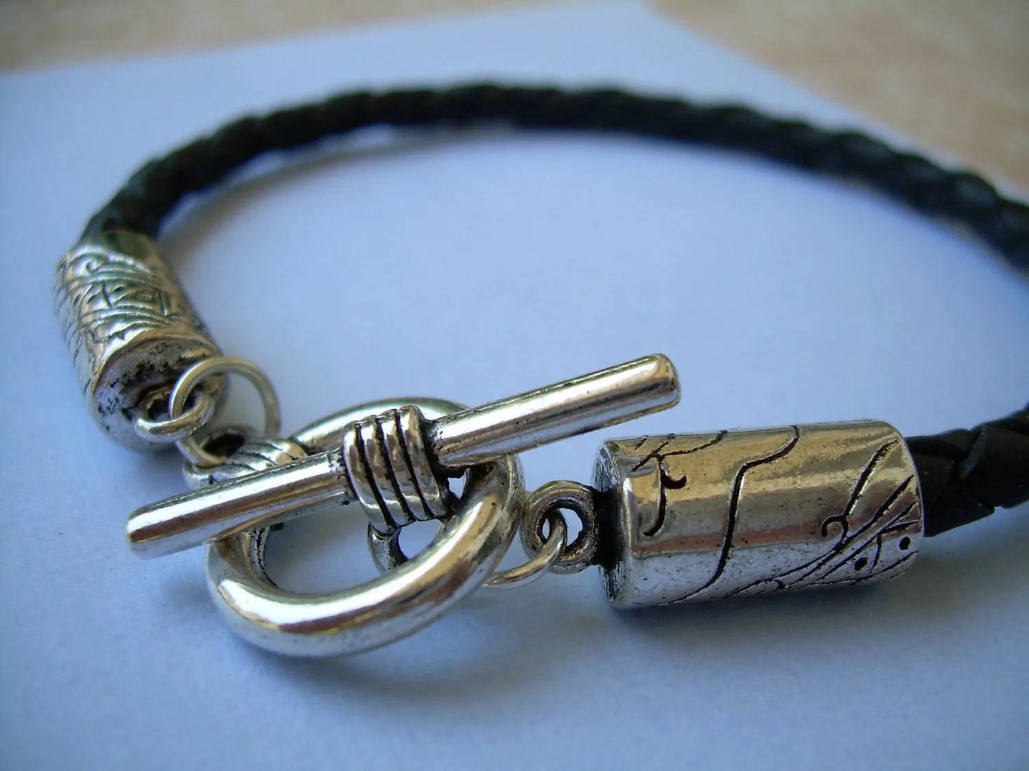 Mens Black Braid Toggle Clasp Leather Bracelet  Urban Survival Gear USA TSB08T