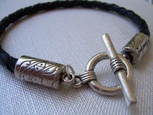 Mens Black Braid Toggle Clasp Leather Bracelet  Urban Survival Gear USA TSB08T