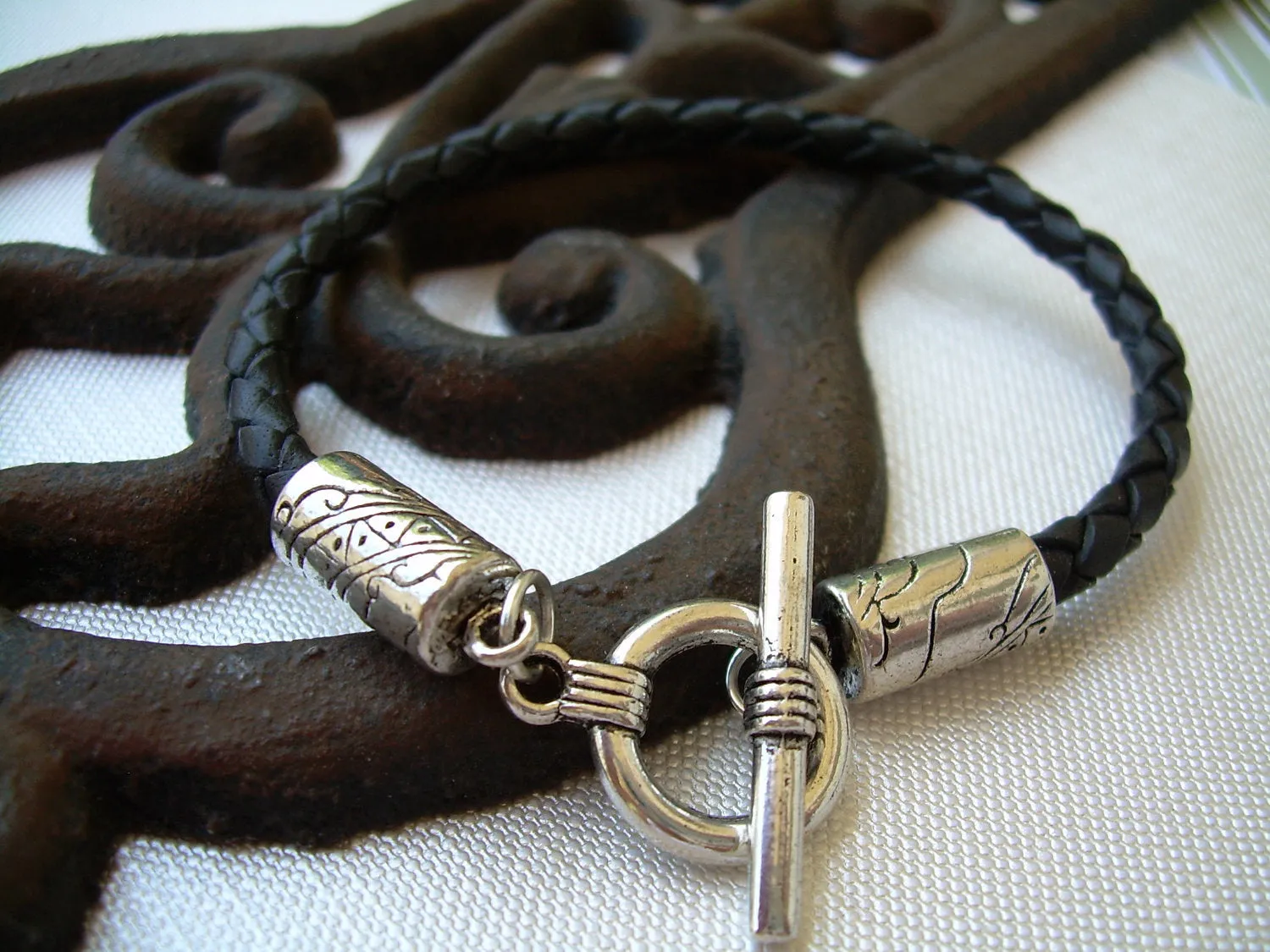 Mens Black Braid Toggle Clasp Leather Bracelet  Urban Survival Gear USA TSB08T