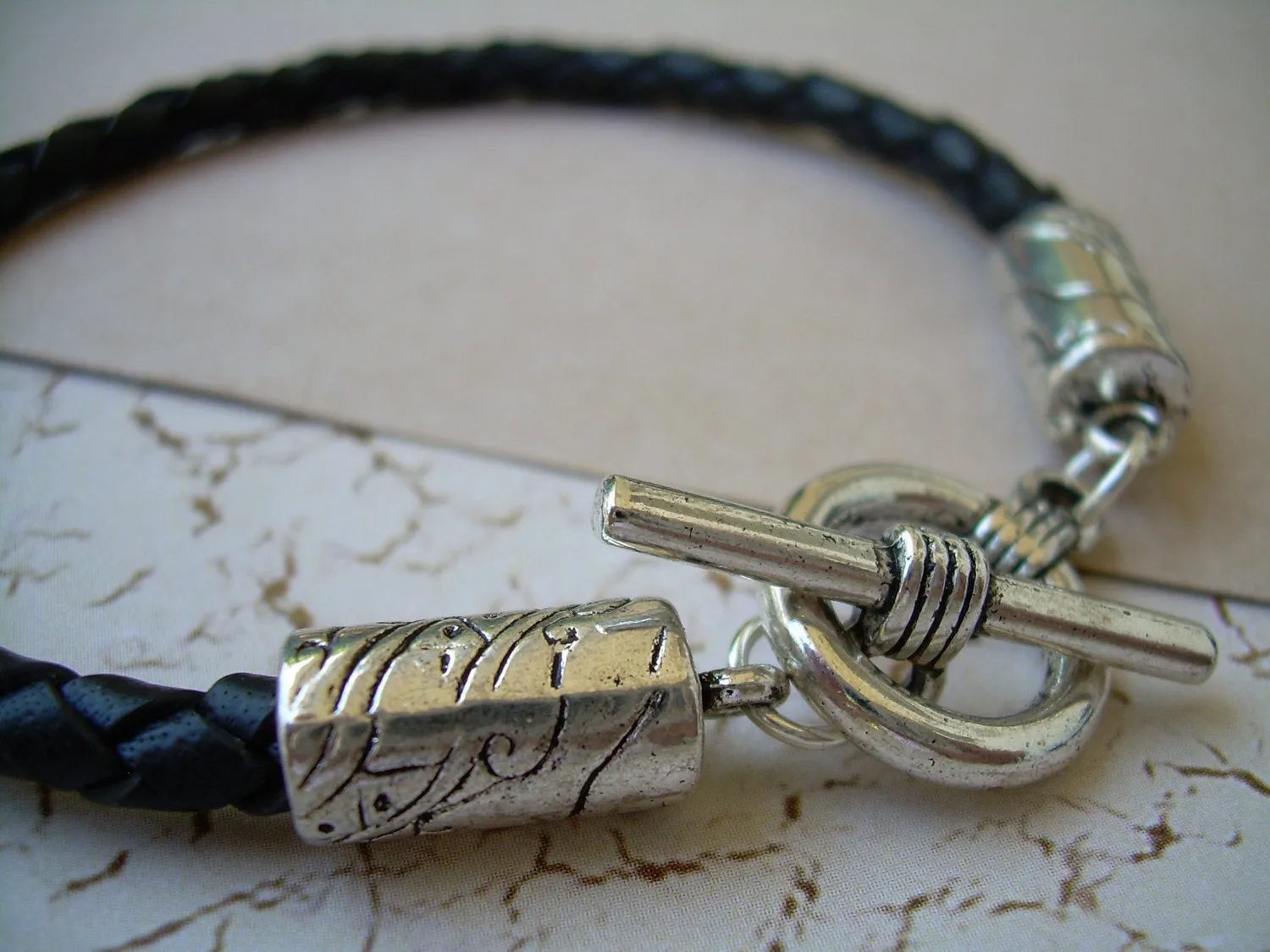 Mens Black Braid Toggle Clasp Leather Bracelet  Urban Survival Gear USA TSB08T