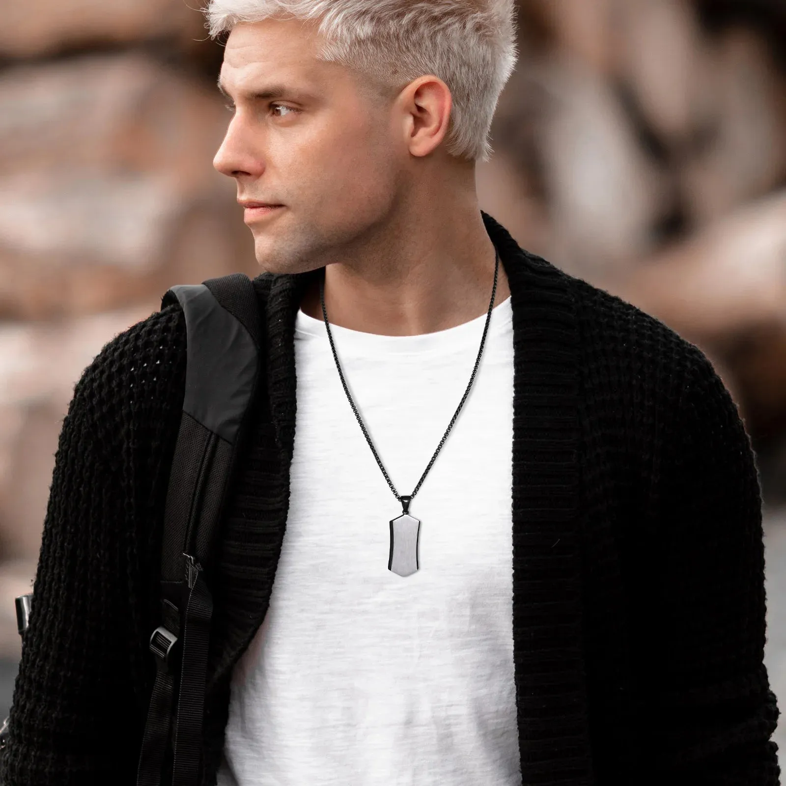 Men's Stylish Black Dog Tag Necklaces,Waterproof Stainless Steel Square Pendant Collar