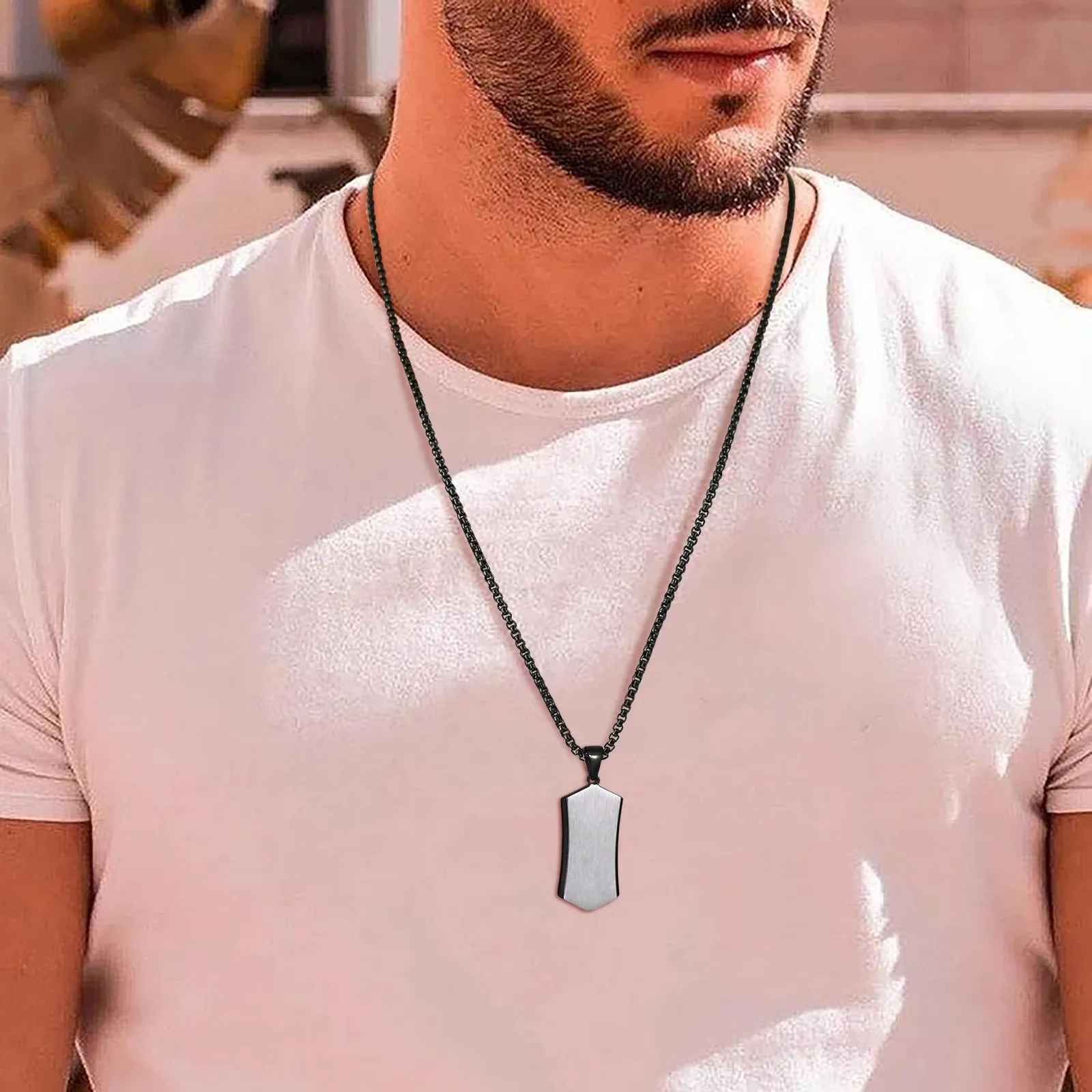Men's Stylish Black Dog Tag Necklaces,Waterproof Stainless Steel Square Pendant Collar