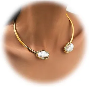Metal Pearl Open Choker Necklace Gold Pearl Choker Necklaces Round Open Cuff Necklace Irregular Big Pearl Statement Necklace Pearl Jewelry for Women