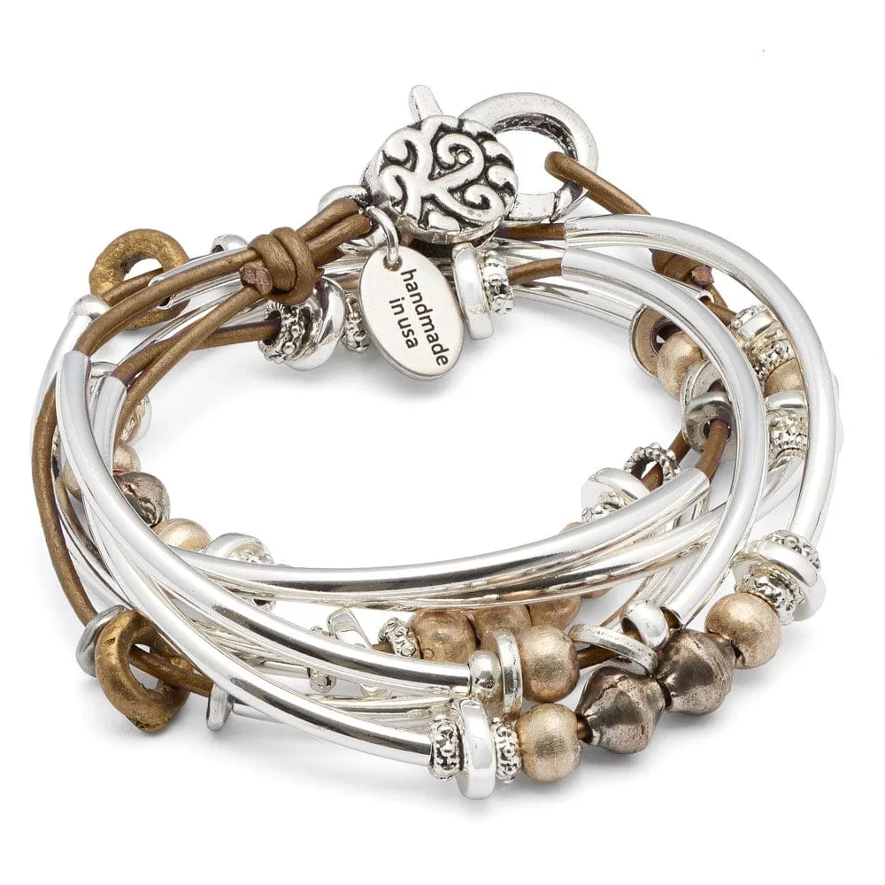 Metallic Bronze Leather Wrap Bracelet with Mixed Metal Beads