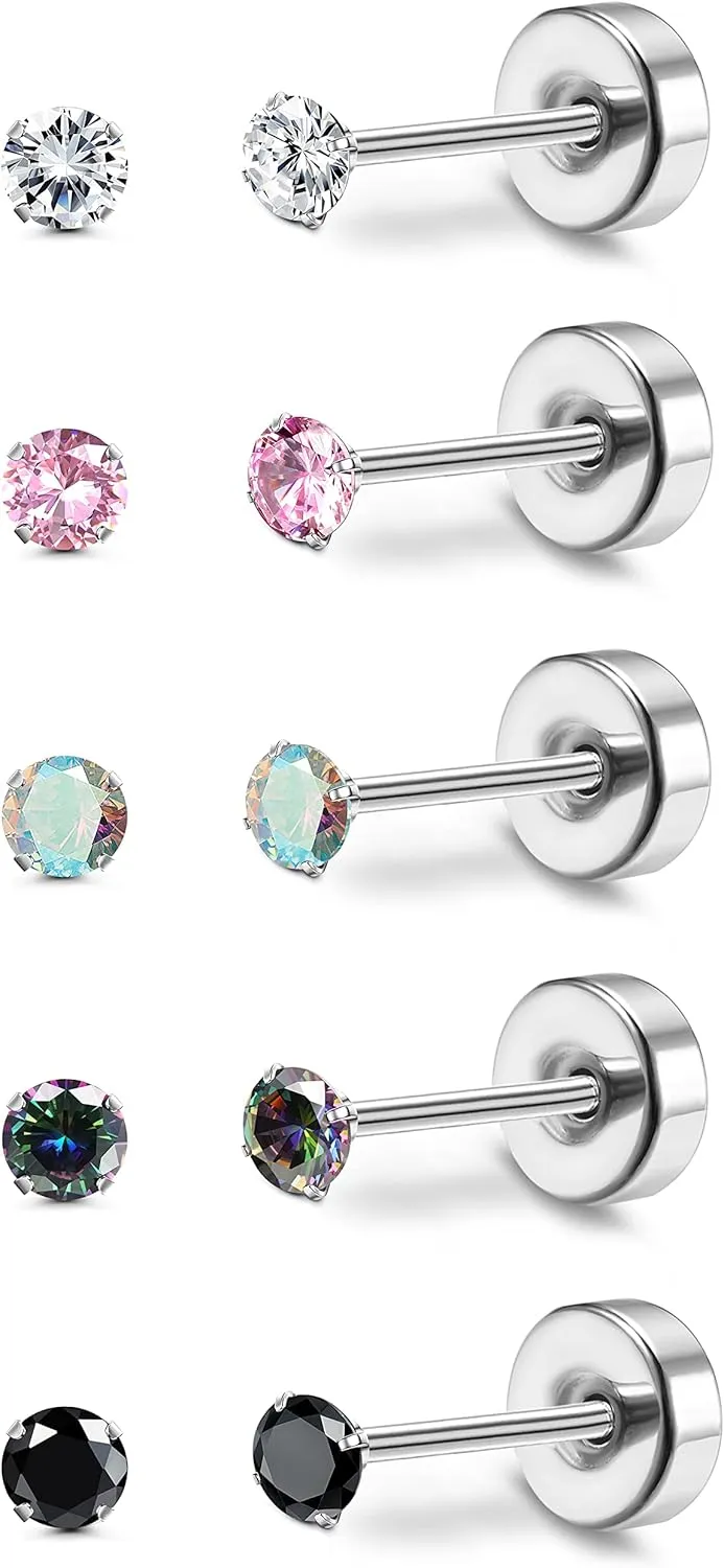 MILACOLATO 5 Pairs Titanium Earrings for Women Men G23 Pure Titanium Earrings for Sensitive Ears Cubic Zirconia Surgical Stainless Steel Flat Back Stud Earrings Hypoallergenic Piercing Sleeper Cartilage Screwback Studs