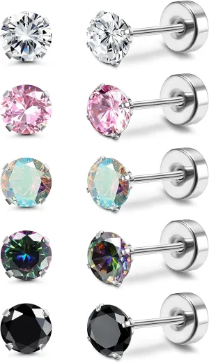 MILACOLATO 5 Pairs Titanium Earrings for Women Men G23 Pure Titanium Earrings for Sensitive Ears Cubic Zirconia Surgical Stainless Steel Flat Back Stud Earrings Hypoallergenic Piercing Sleeper Cartilage Screwback Studs