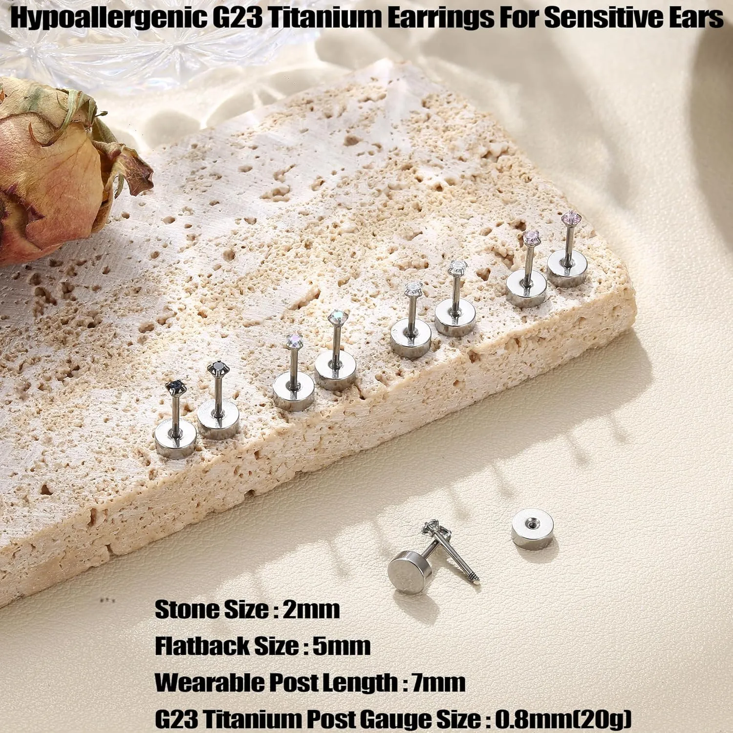 MILACOLATO 5 Pairs Titanium Earrings for Women Men G23 Pure Titanium Earrings for Sensitive Ears Cubic Zirconia Surgical Stainless Steel Flat Back Stud Earrings Hypoallergenic Piercing Sleeper Cartilage Screwback Studs
