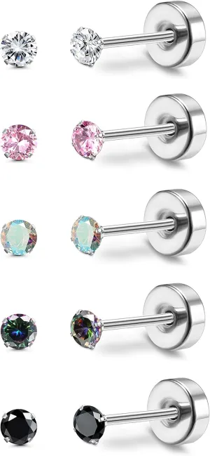 MILACOLATO 5 Pairs Titanium Earrings for Women Men G23 Pure Titanium Earrings for Sensitive Ears Cubic Zirconia Surgical Stainless Steel Flat Back Stud Earrings Hypoallergenic Piercing Sleeper Cartilage Screwback Studs