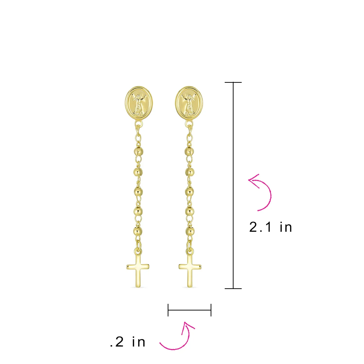 Minimalist Linear Ball Chain Angel Dangle Cross Earrings 18K Gold Plated Brass