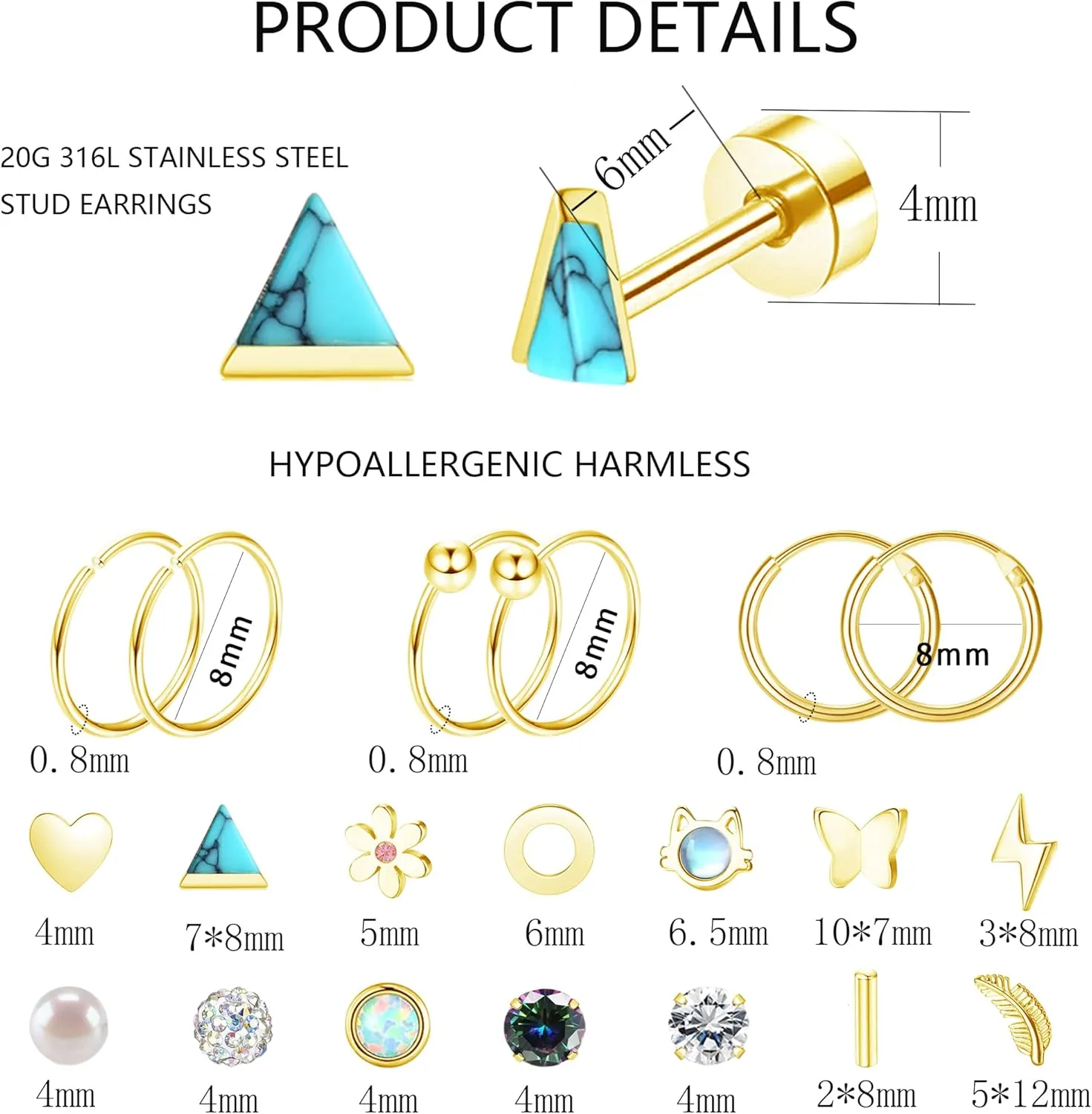 MJust 18 Pairs Women??s Hypoallergenic Flat Back Stud Earrings, 20g Stainless Steel Earrings Sets for Men, Tiny Unisex Screw Back Cartilage Earrings.