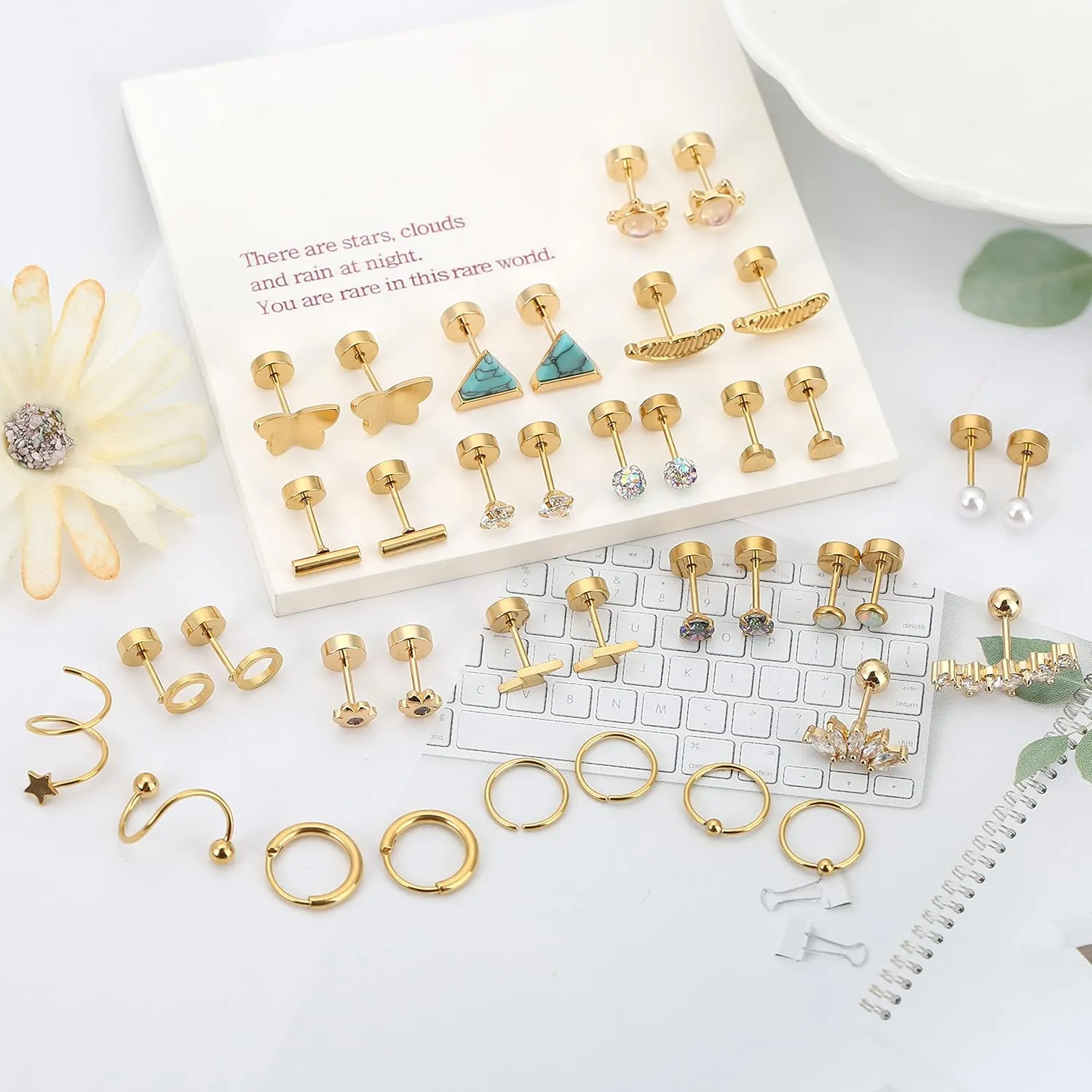 MJust 18 Pairs Women??s Hypoallergenic Flat Back Stud Earrings, 20g Stainless Steel Earrings Sets for Men, Tiny Unisex Screw Back Cartilage Earrings.