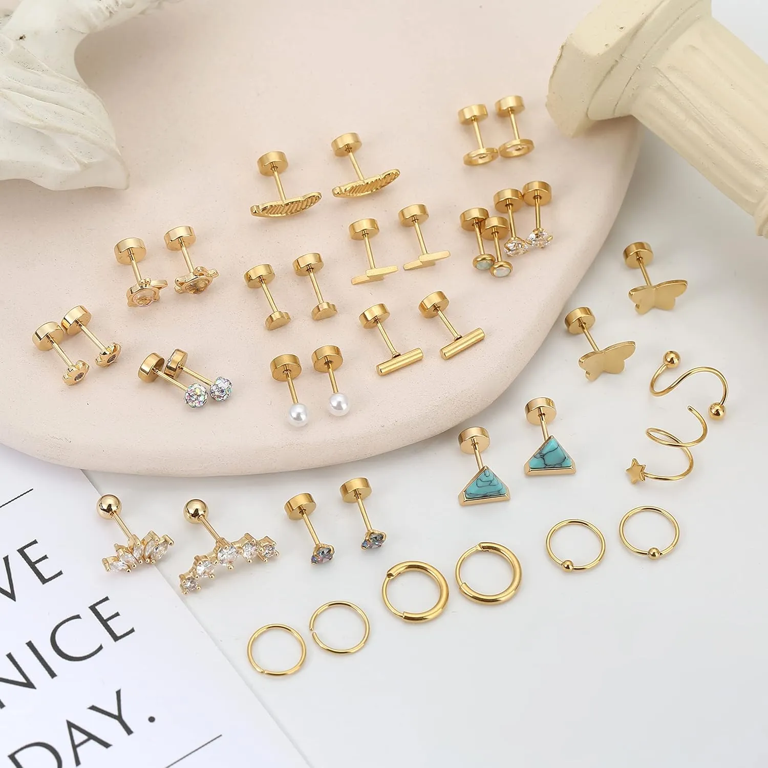MJust 18 Pairs Women??s Hypoallergenic Flat Back Stud Earrings, 20g Stainless Steel Earrings Sets for Men, Tiny Unisex Screw Back Cartilage Earrings.