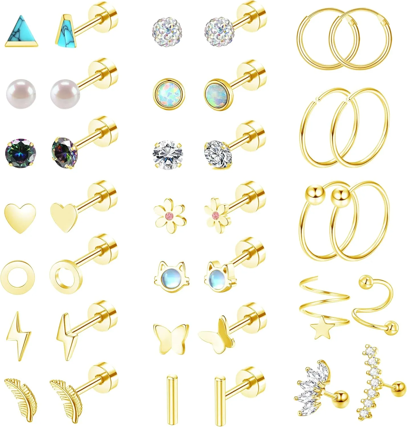 MJust 18 Pairs Women??s Hypoallergenic Flat Back Stud Earrings, 20g Stainless Steel Earrings Sets for Men, Tiny Unisex Screw Back Cartilage Earrings.