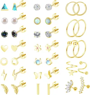 MJust 18 Pairs Women??s Hypoallergenic Flat Back Stud Earrings, 20g Stainless Steel Earrings Sets for Men, Tiny Unisex Screw Back Cartilage Earrings.