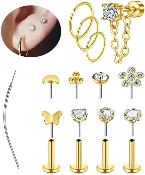 MODRSA Gold Cartilage Earring Silver Cartilage Piercing Jewelry 16g Helix Piercing Jewelry Cartilage Hoop Earring Helix Earrings Silver Cartilage Earring Stud 16 Gauge Cartilage Earrings for Women
