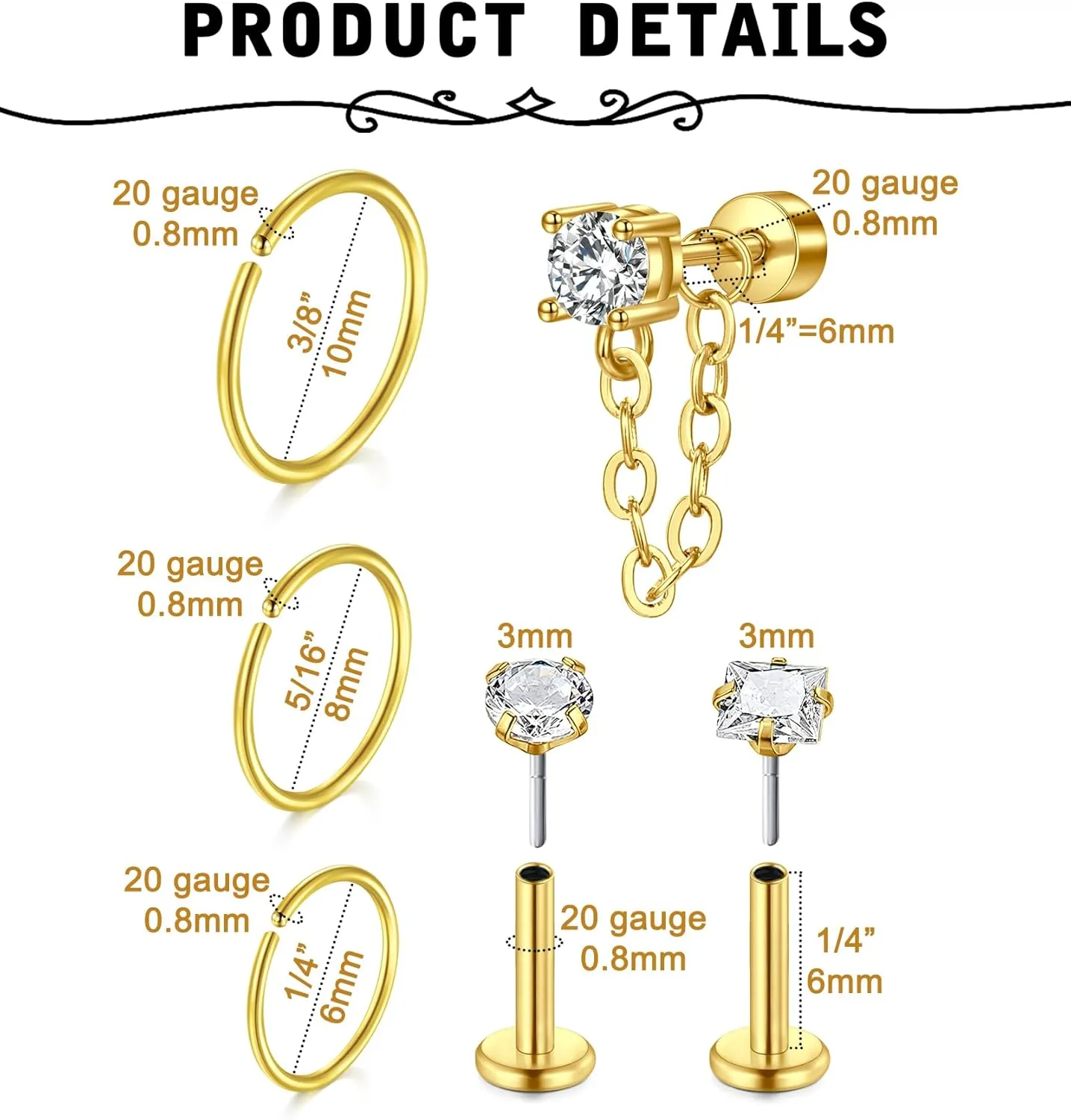 MODRSA Gold Cartilage Earring Silver Cartilage Piercing Jewelry 16g Helix Piercing Jewelry Cartilage Hoop Earring Helix Earrings Silver Cartilage Earring Stud 16 Gauge Cartilage Earrings for Women