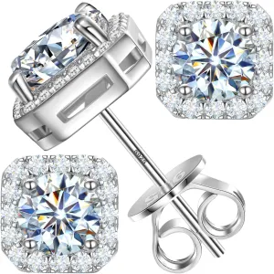 Moissanite Halo Earrings Square 18k Gold Plated 0.56-2.4CT 6-10mm D Color VVS1 Clarity Moissanite Stud Earrings For Women Men Square Stud Earrings 925 Sterling Silver Hypoallergenic Earrings