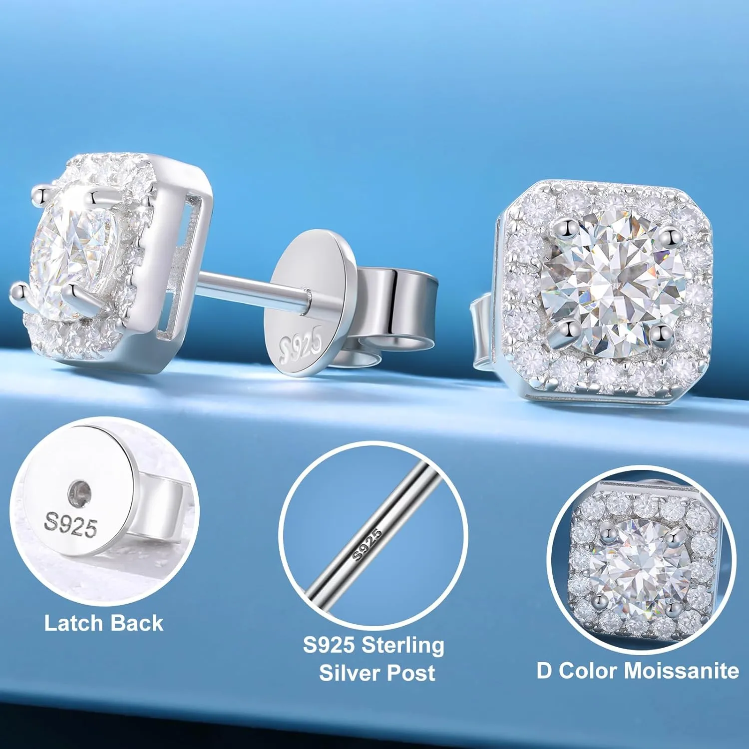 Moissanite Halo Earrings Square 18k Gold Plated 0.56-2.4CT 6-10mm D Color VVS1 Clarity Moissanite Stud Earrings For Women Men Square Stud Earrings 925 Sterling Silver Hypoallergenic Earrings