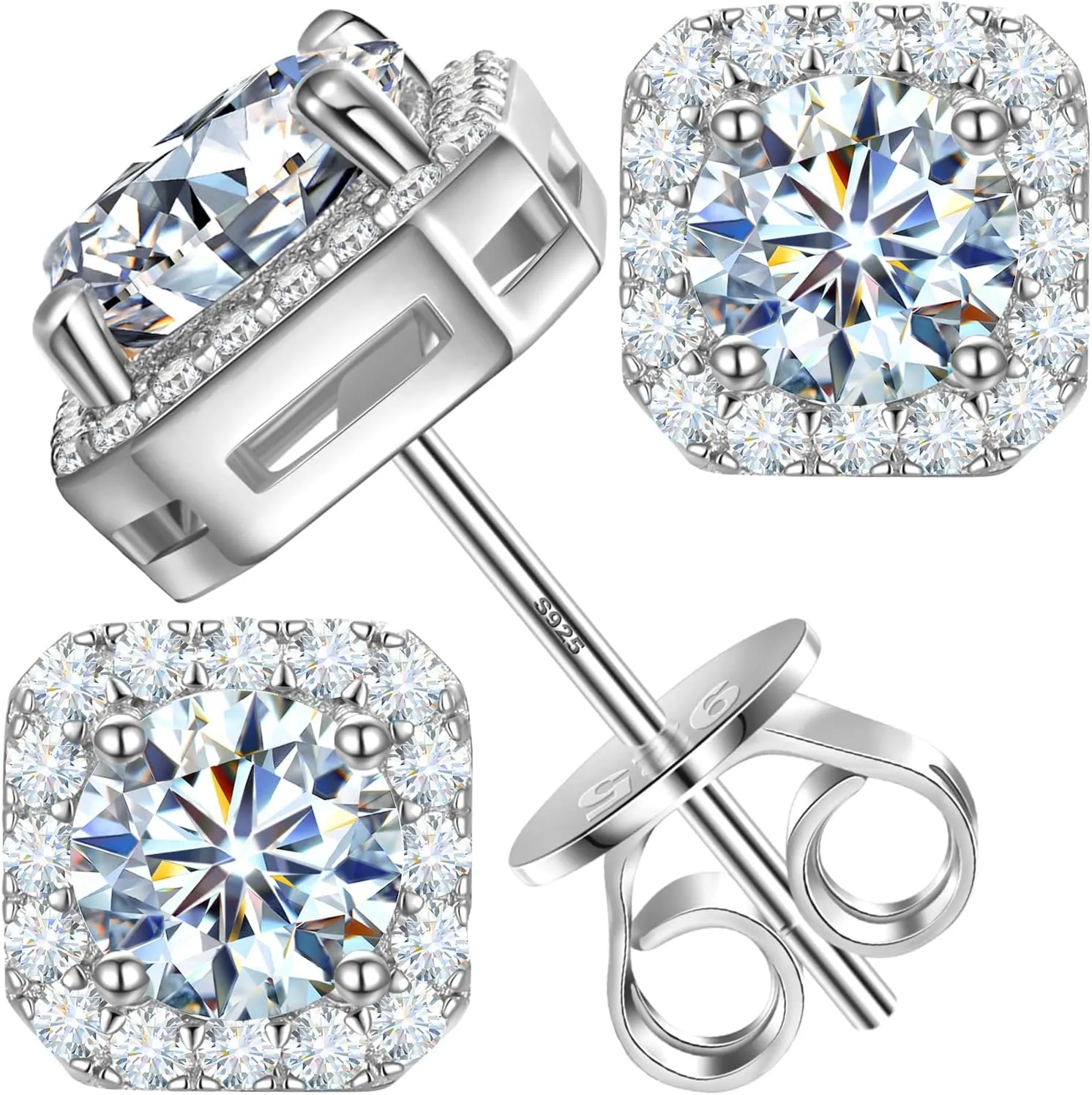 Moissanite Halo Earrings Square 18k Gold Plated 0.56-2.4CT 6-10mm D Color VVS1 Clarity Moissanite Stud Earrings For Women Men Square Stud Earrings 925 Sterling Silver Hypoallergenic Earrings