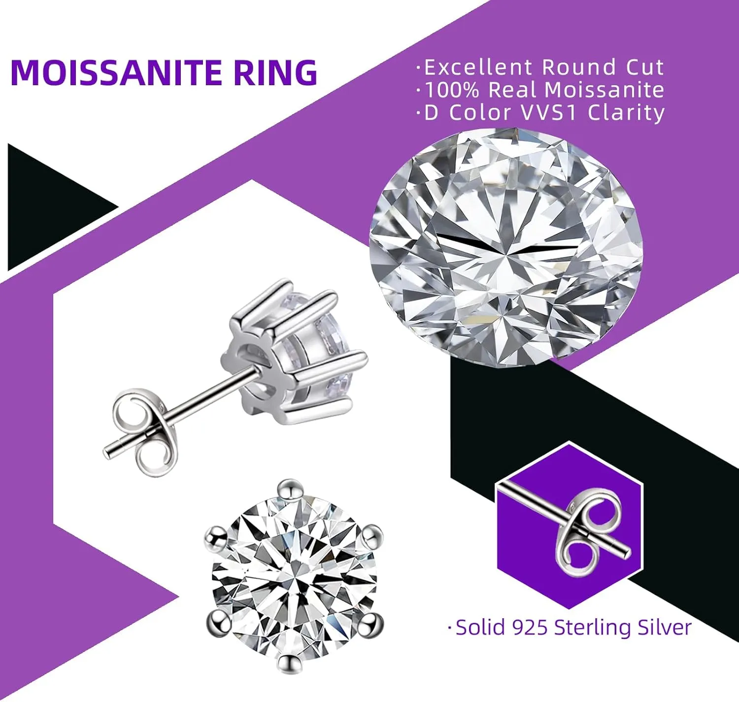 Moissanite Stud Earrings 1-2ct D Color VVS1 Clarity Round Cut 925 Sterling Silver Moissanite Earrings with 18K White Gold Plated Earrings for Women Men