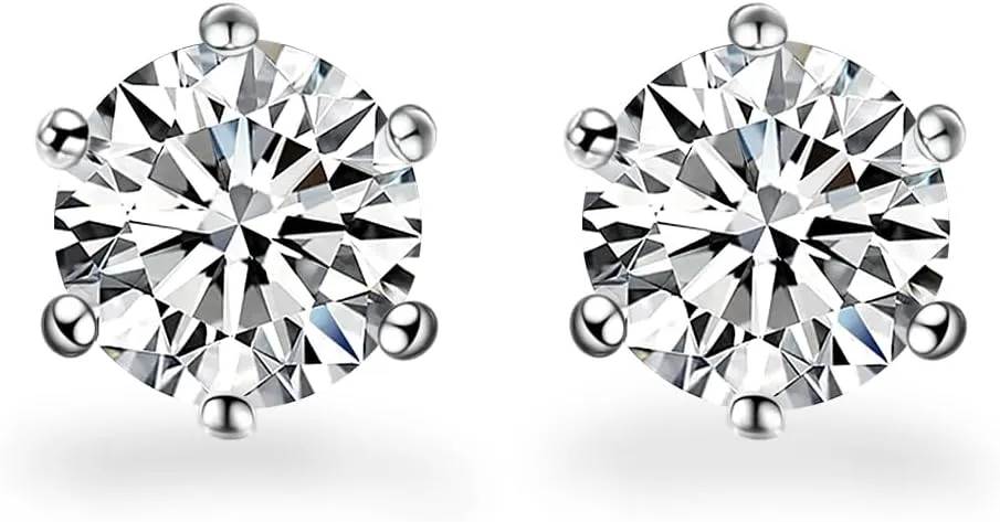 Moissanite Stud Earrings 1-2ct D Color VVS1 Clarity Round Cut 925 Sterling Silver Moissanite Earrings with 18K White Gold Plated Earrings for Women Men