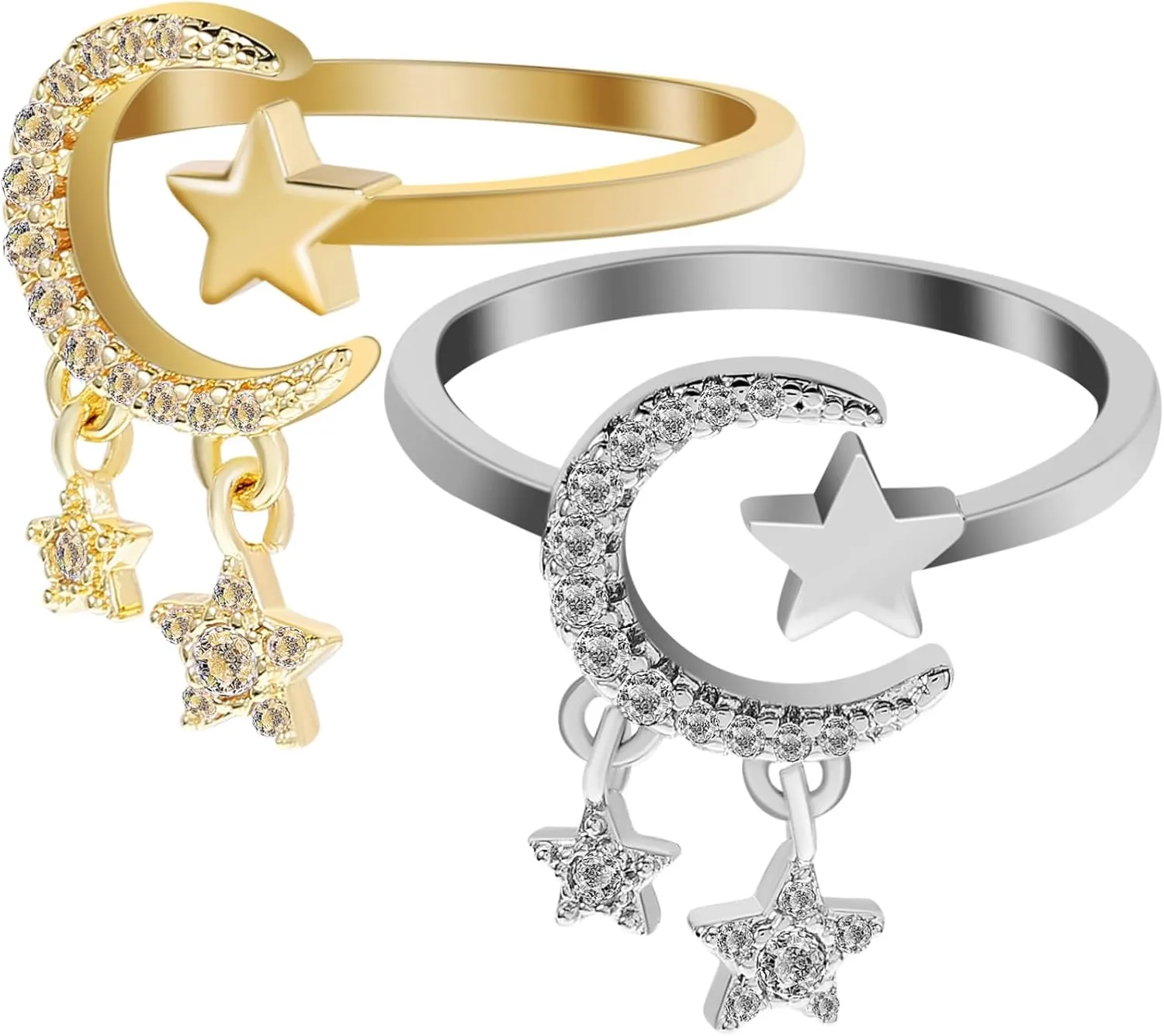 Moon Ring and Silver Chunky Star Ring Set Women's Fashion Finger Ring Adjustable Size