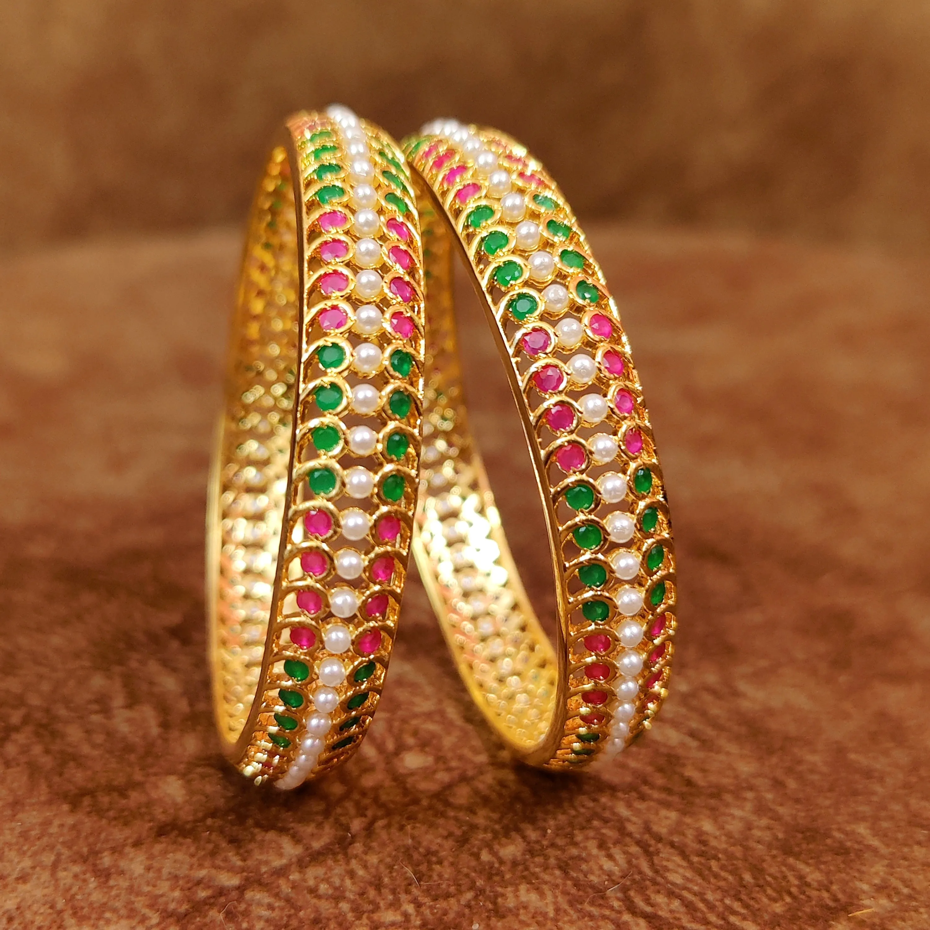 MUTICOLOUR SEMI-PRECIOUS PEARL STONE STUDDED GOLD BANGLES