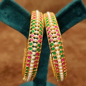 MUTICOLOUR SEMI-PRECIOUS PEARL STONE STUDDED GOLD BANGLES