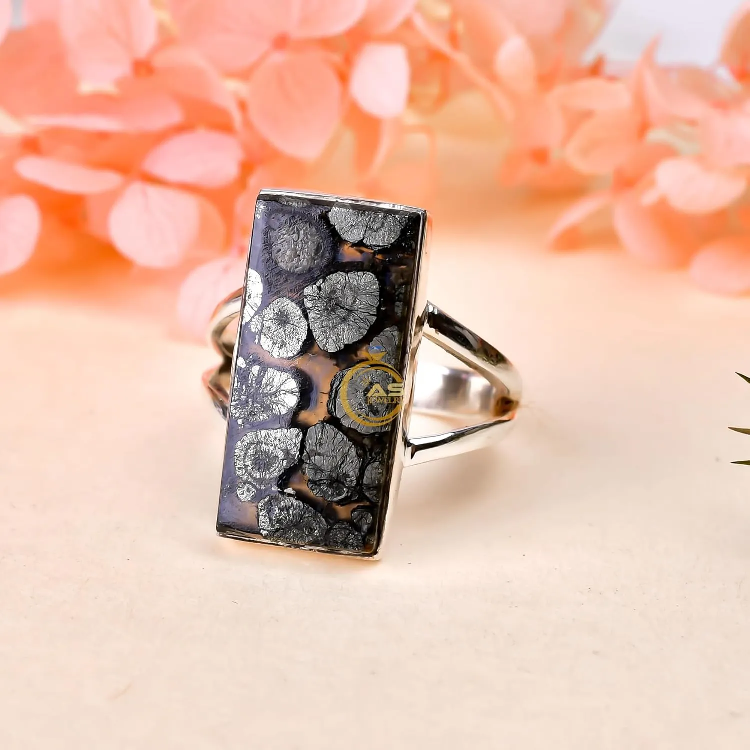 Natural Marcasite Gemstone 925 Sterling Silver Handmade Statement Large Stone Stacking Ring Jewelry Gift for Wife Girlfriend Mom (7.5)