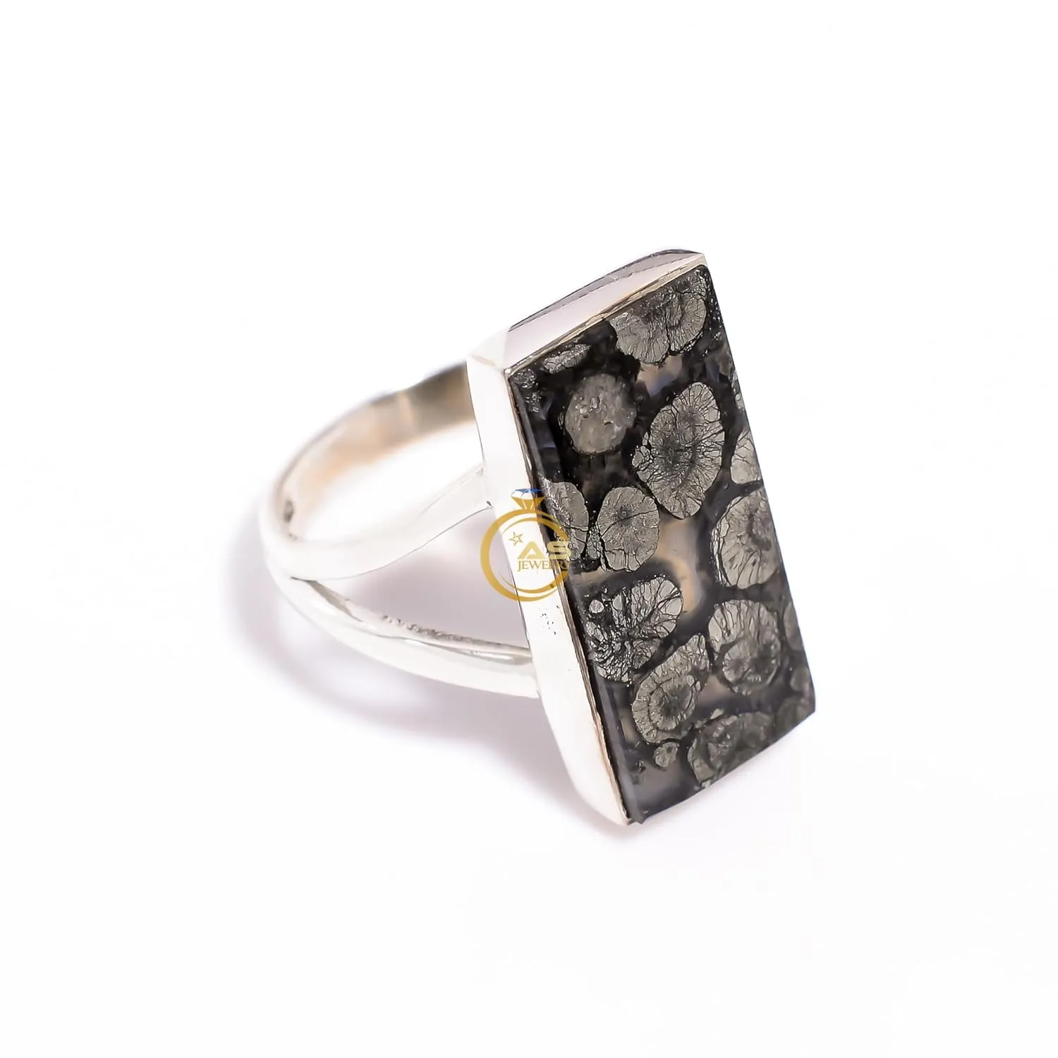 Natural Marcasite Gemstone 925 Sterling Silver Handmade Statement Large Stone Stacking Ring Jewelry Gift for Wife Girlfriend Mom (7.5)