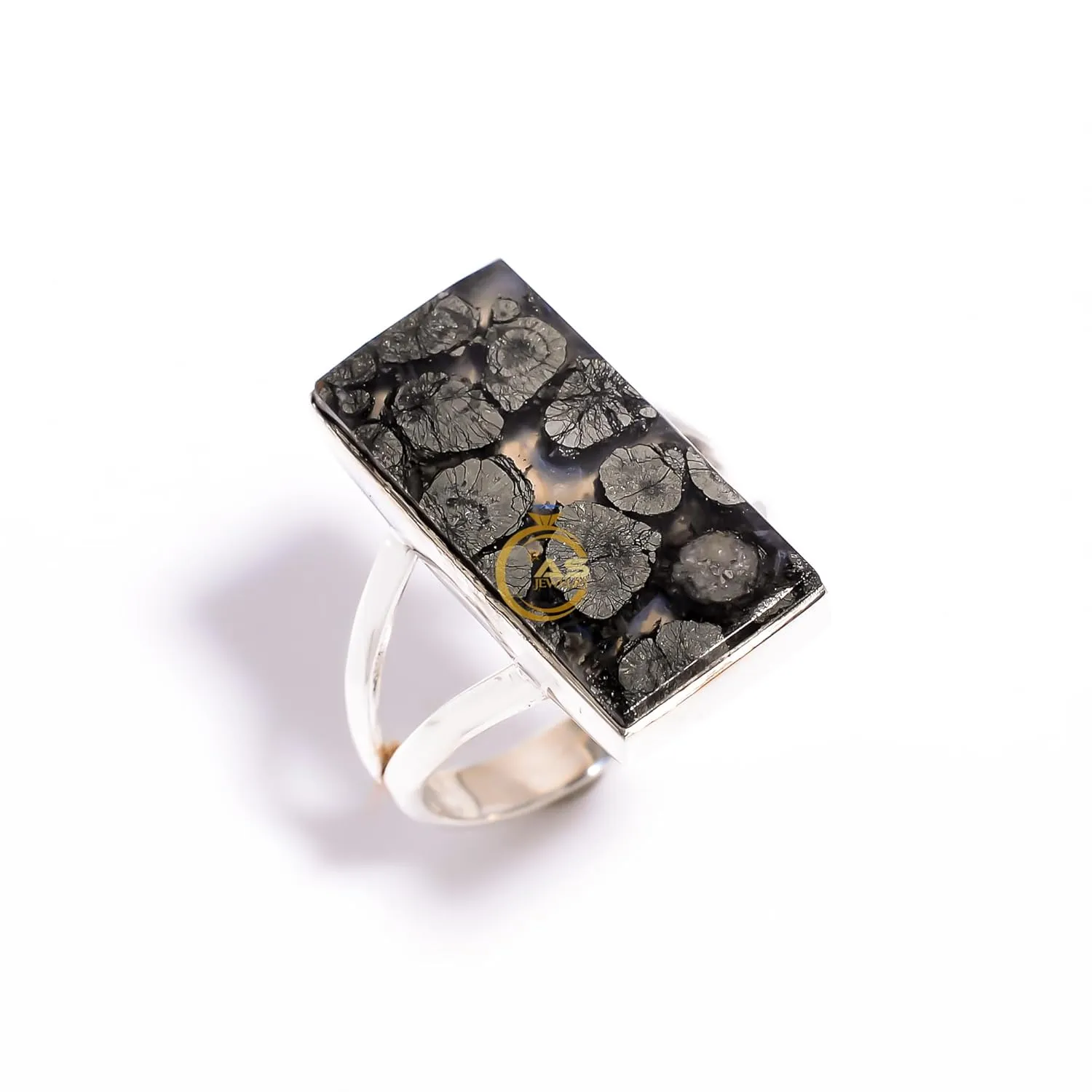 Natural Marcasite Gemstone 925 Sterling Silver Handmade Statement Large Stone Stacking Ring Jewelry Gift for Wife Girlfriend Mom (7.5)