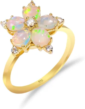 Natural October Birthstone Ethiopian Opal Ring for women Fire Opal 925 Sterling Silver Wedding Engagement Ring (R047)