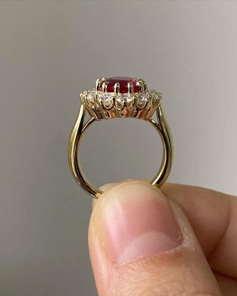 Natural Red Ruby Engagement Ring Emerald Cut Vintage Engagement Cluster Ring Moissanite Bridal Rings Promise Rings Anniversary (YELLOW GOLD PLATING, US 6)