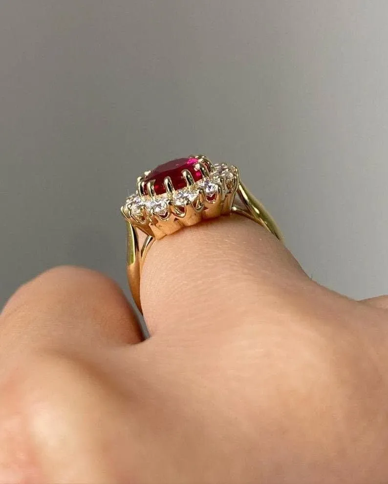 Natural Red Ruby Engagement Ring Emerald Cut Vintage Engagement Cluster Ring Moissanite Bridal Rings Promise Rings Anniversary (YELLOW GOLD PLATING, US 6)