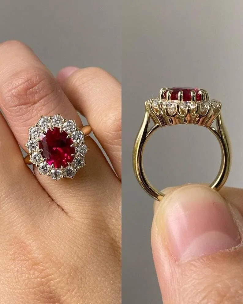 Natural Red Ruby Engagement Ring Emerald Cut Vintage Engagement Cluster Ring Moissanite Bridal Rings Promise Rings Anniversary (YELLOW GOLD PLATING, US 6)