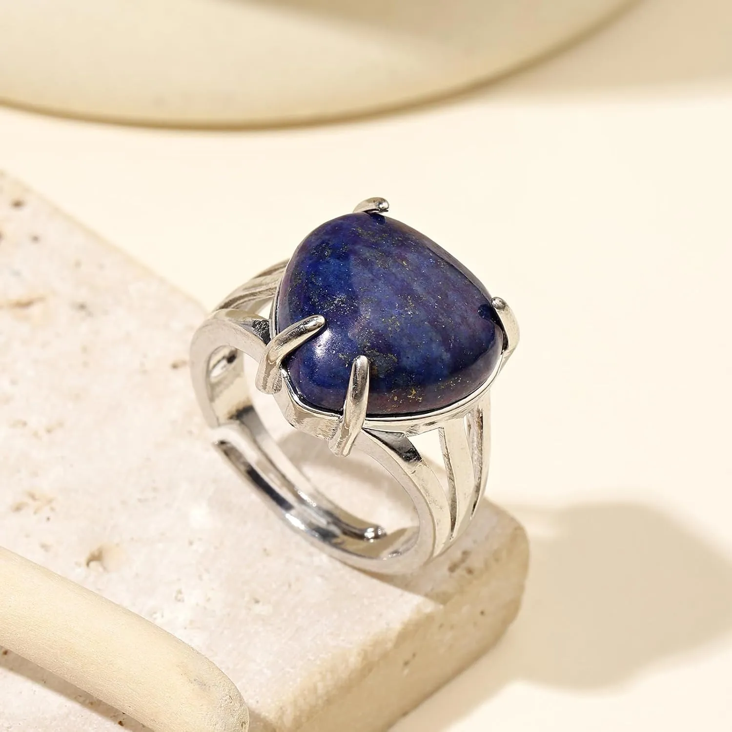 Natural Stone Rings for Women Silver Handmade Crystal Rings Adjustable Healing Crystal Rings Heart Gemstone Rings for Women Men
